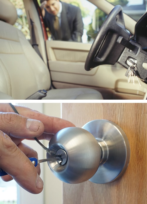 image of a man who has locked his keys in his car (top) and the hands of a professional locksmith picking a commercial door lock with lock pick tools (bottom)