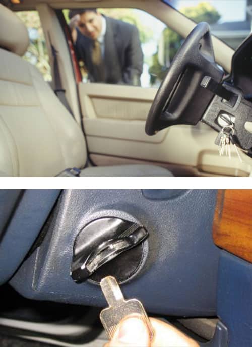 image of a man looking at the car keys he's locked in his car (top), image of a car key that's broken off in the ignition (bottom)