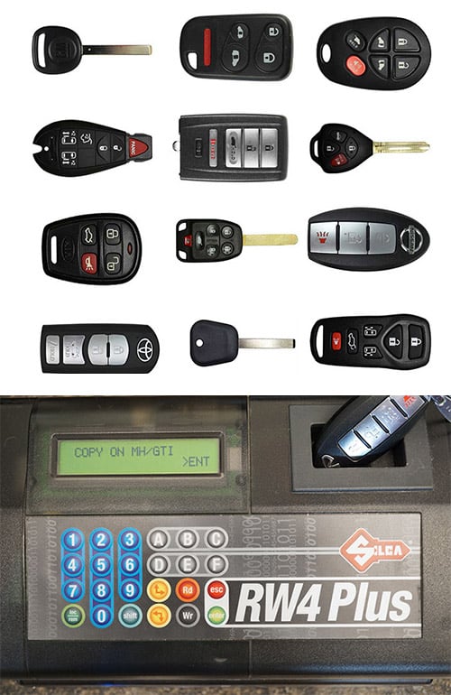 image of car keys, fobs and remotes (top) and a car fob being programmed (bottom)