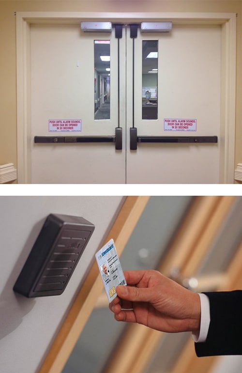 image of a commercial door with panic bars and automatic door closers installed (top) and a key card access control system in an office building (bottom).