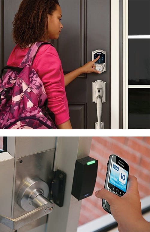 Image of a young woman operating a Schlage Smart Lock on her home's front door (top) and a commercial-grade smartphone activated access control system. (bottom)